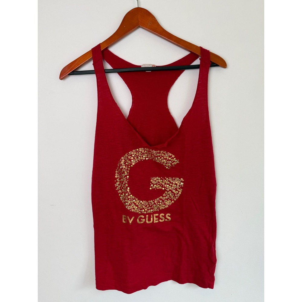 G BY GUESS Racerback Tank Top Womens Red Studded Logo Graphic Size L